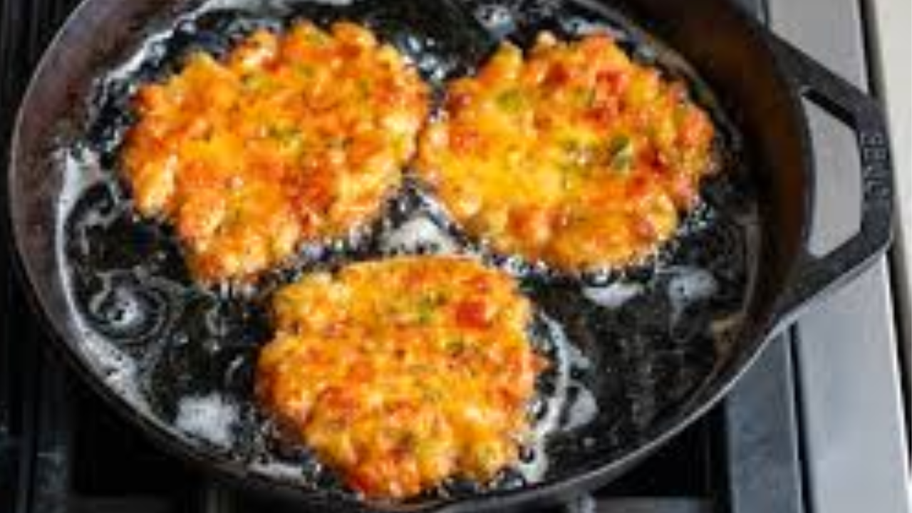 Frying crispy rice onion fritters until golden brown