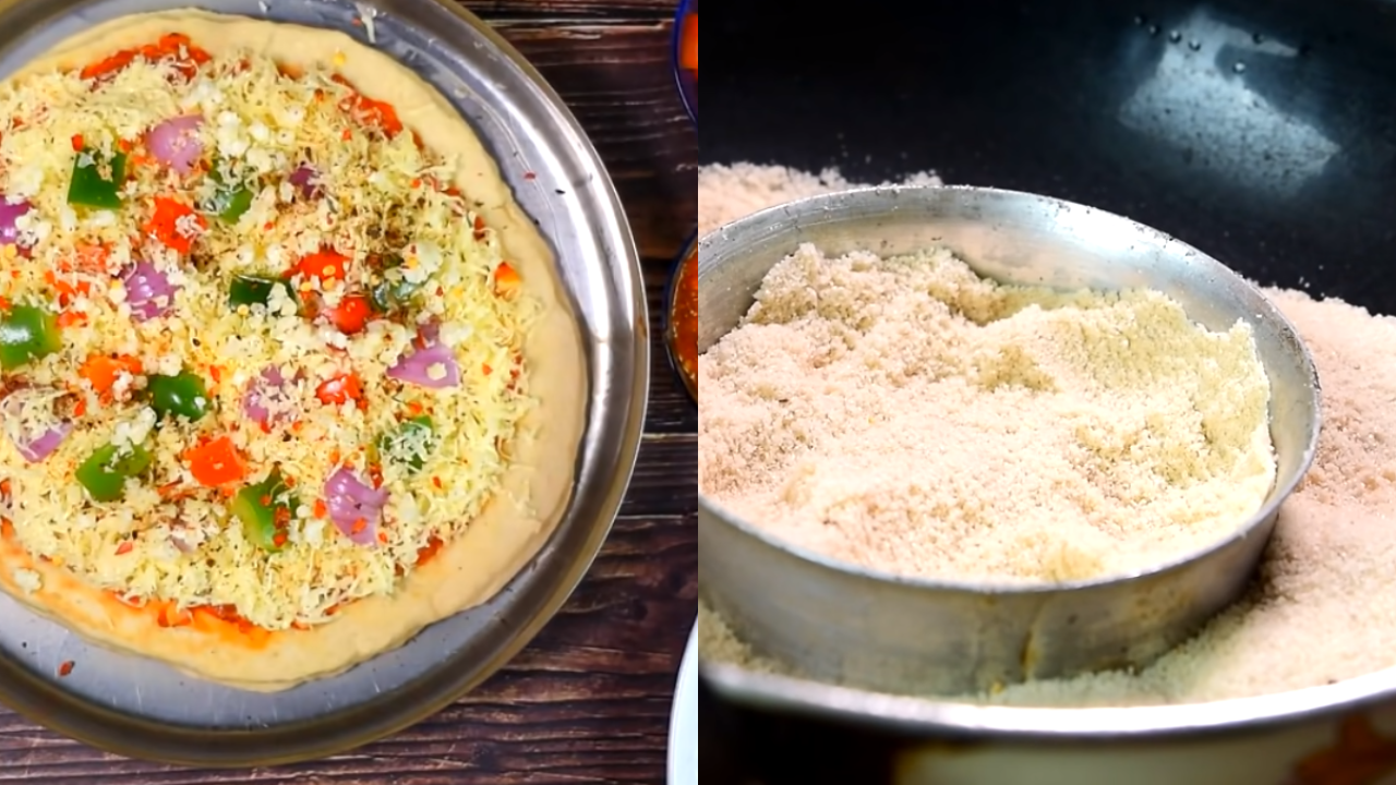 Frying homemade pizza on a stovetop pan