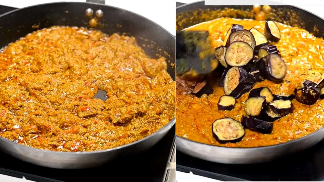 Spices being added to onions and tomatoes for Vegetable Brinjal Curry Recipe