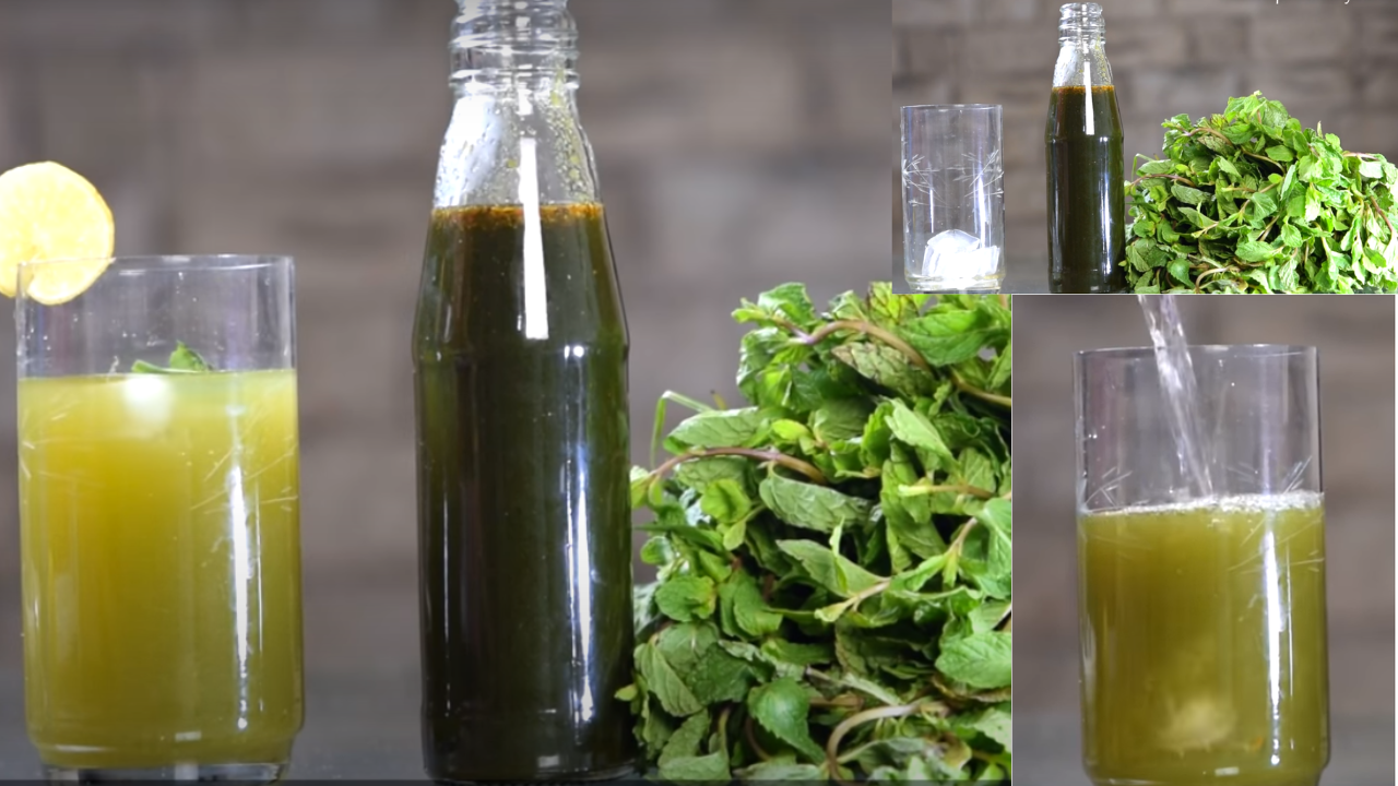 A refreshing glass of mint and lemon juice with ice cubes