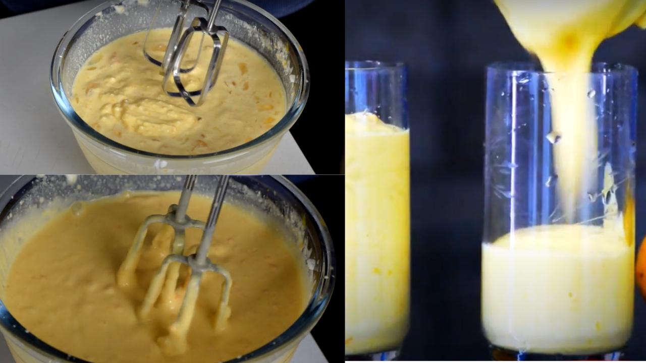 Adding cream to the thick yogurt for mango lassi