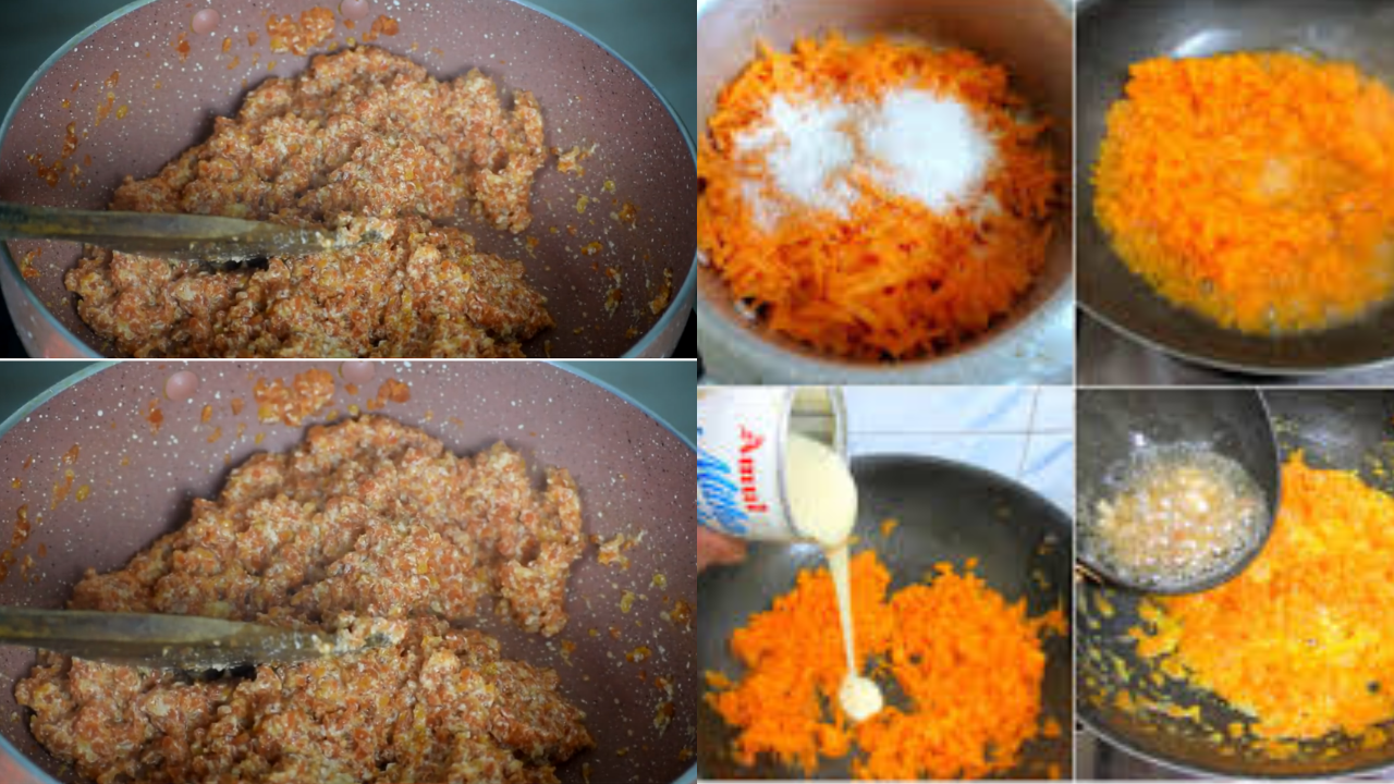 Adding mava and sugar to the cooked carrot mixture in the cooker