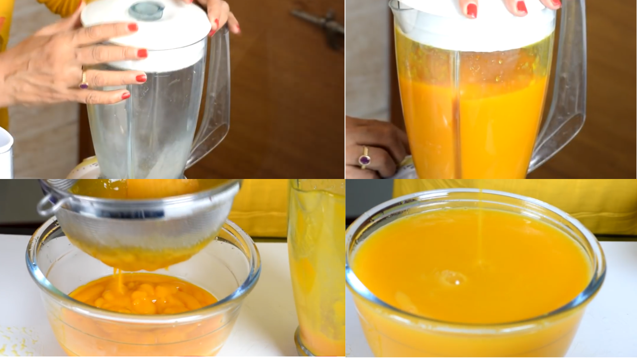 Blending cooked mango pulp with sugar in a mixer jar