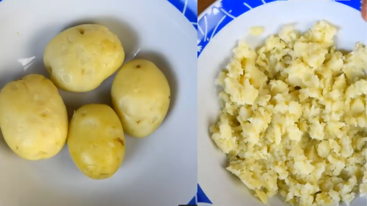 Boiled potatoes being peeled for potato tikkis