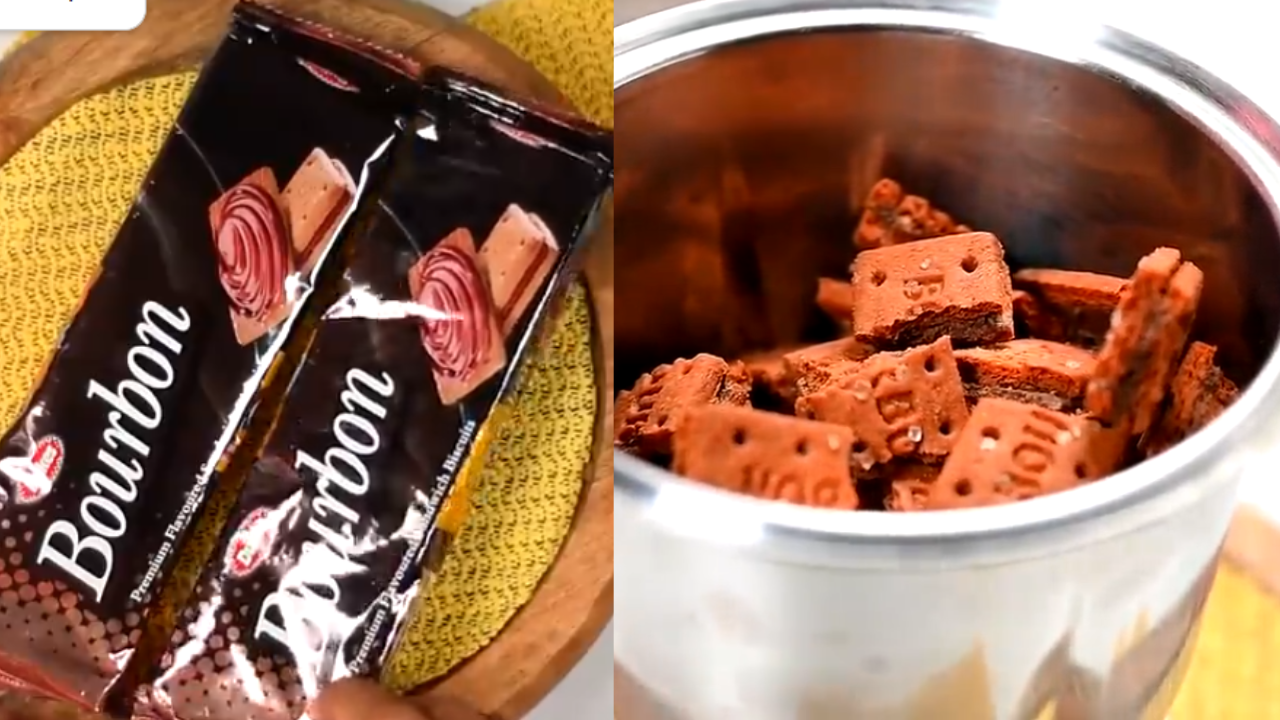 Bourbon biscuits being ground into fine powder in a mixer