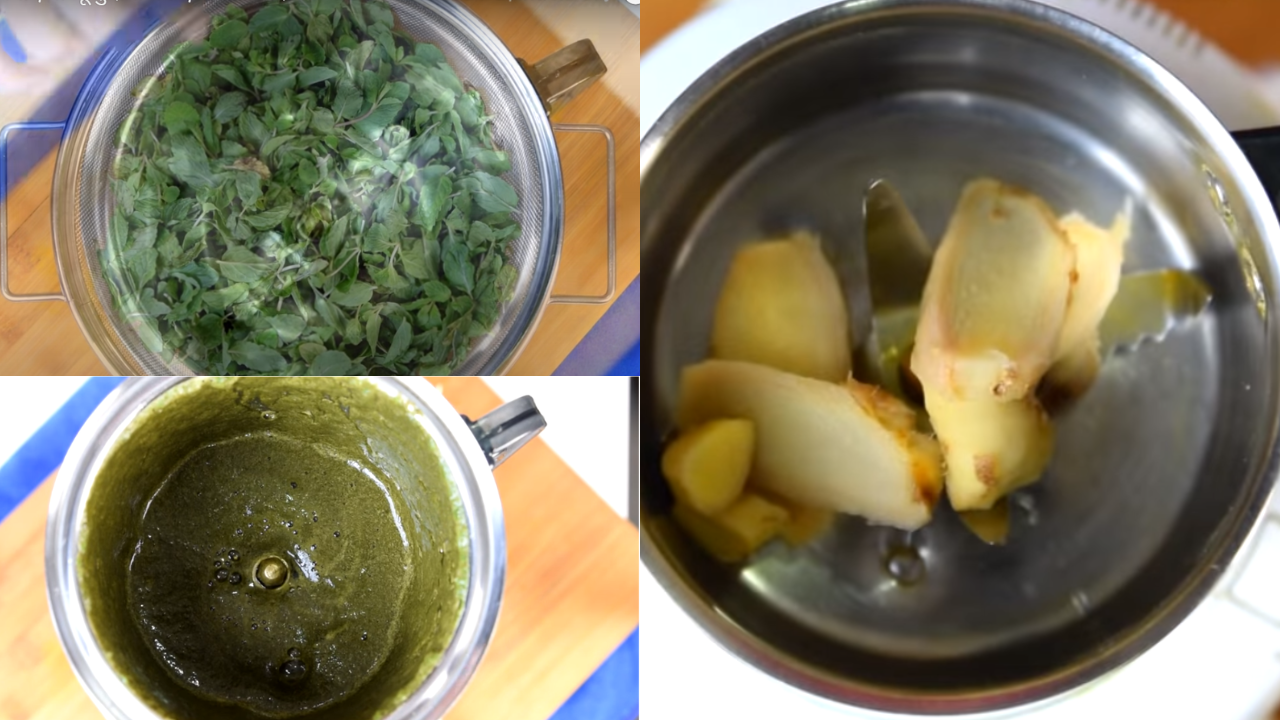 Cooking sugar syrup with mint and ginger juice in a pan on the stove