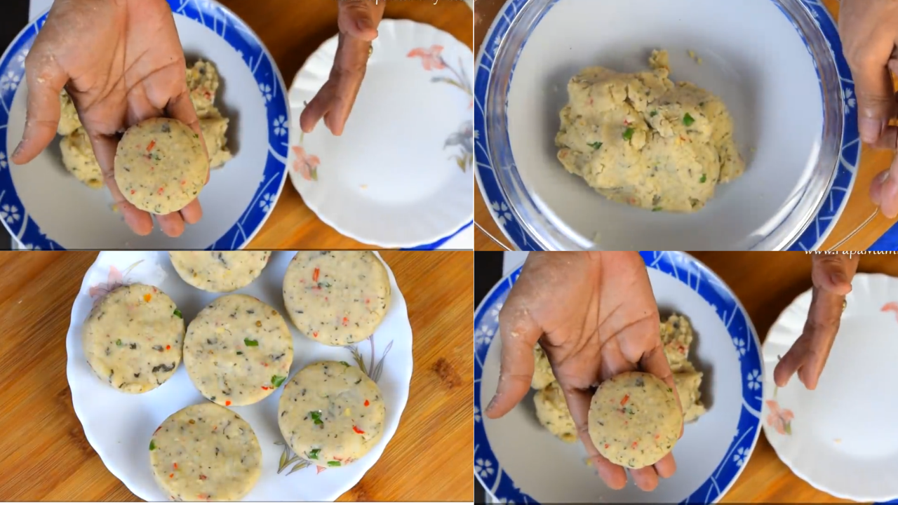 Equal-sized potato tikkis being shaped and arranged on a tray