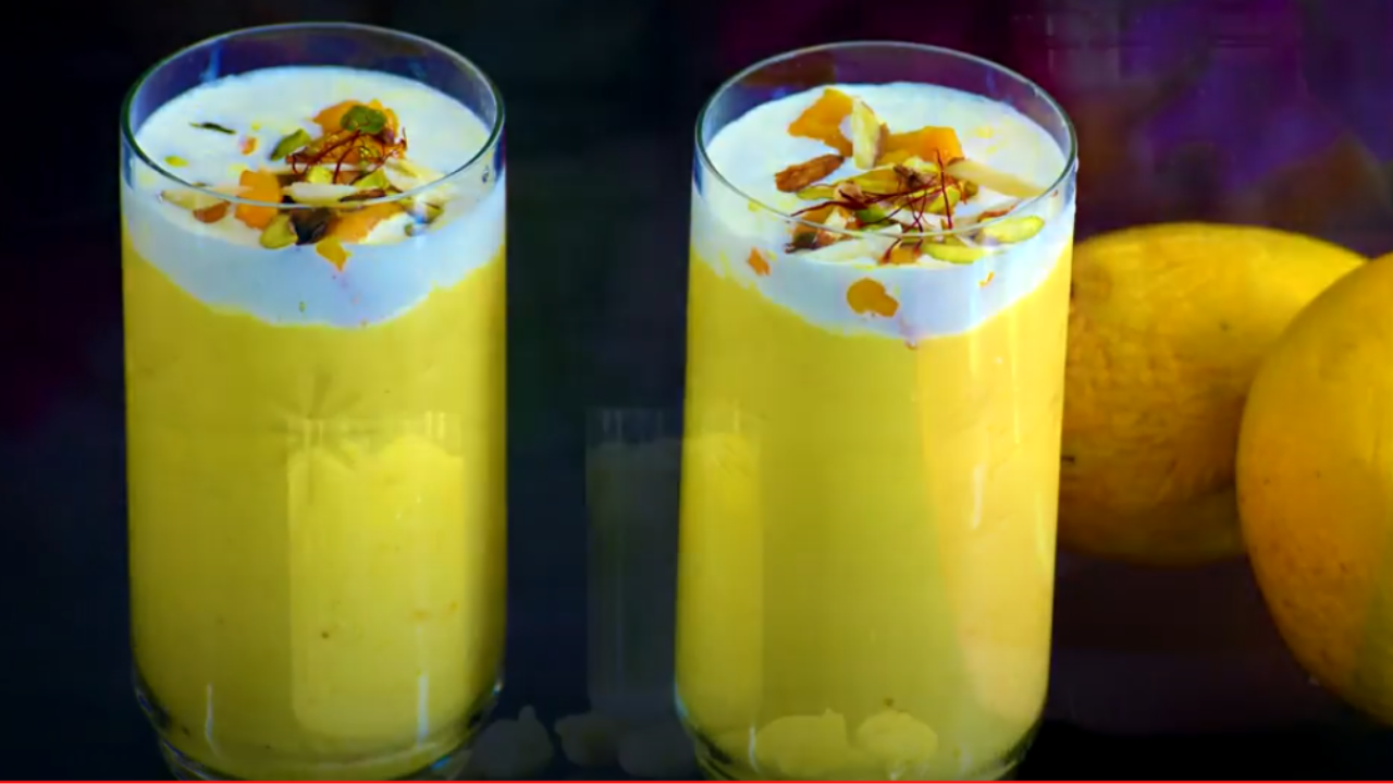 Glasses of finished mango lassi ready to be served