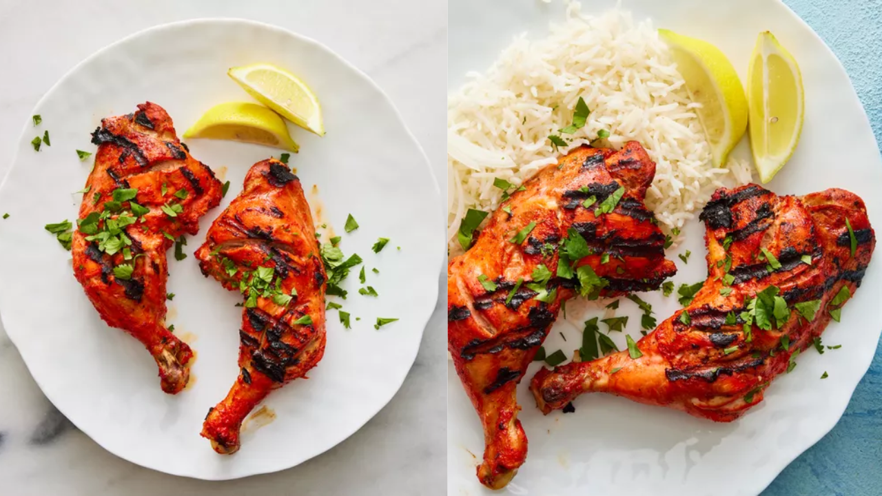 Grilled tandoori chicken served with basmati rice