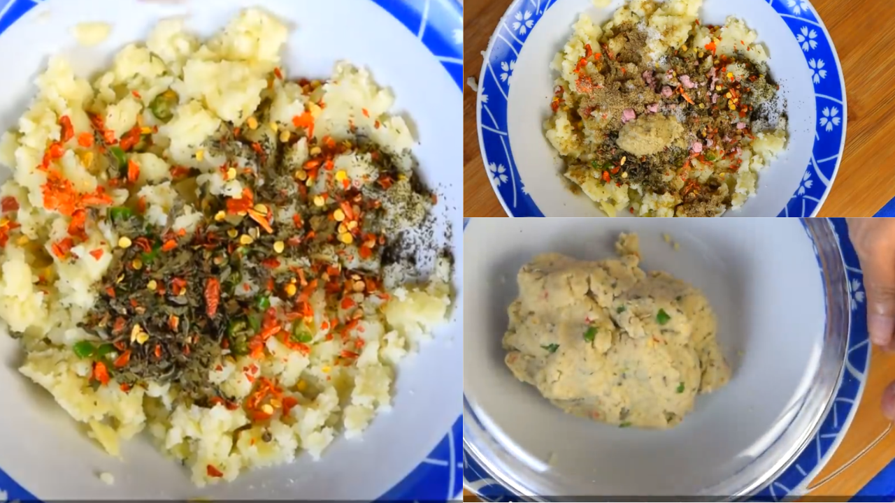 Mashed potatoes mixed with green chilies, red chili flakes, salt, dried mint, and chaat masala.