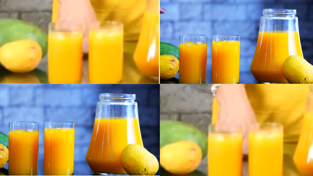 Pouring Mango Fruity into glasses with ice cubes, ready to serve