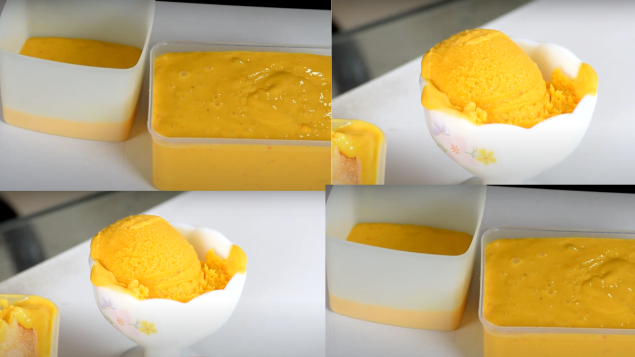 Pouring blended ice cream mixture into a plastic container.