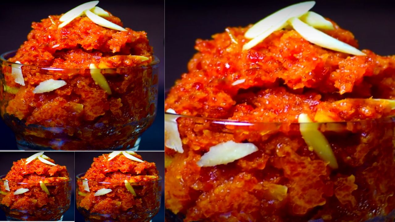 The halwa being garnished with chopped almonds and pistachios in a serving dish.