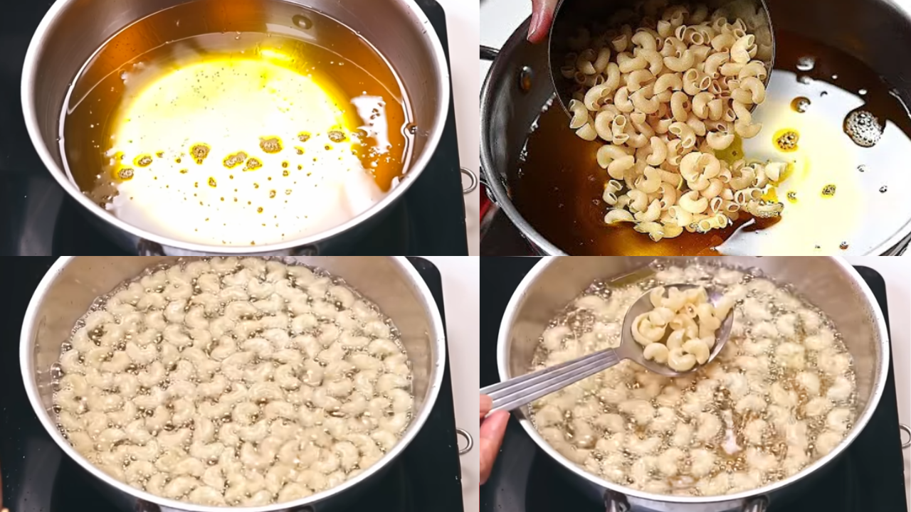 Macaroni frying in hot oil in a deep pan until golden brown.